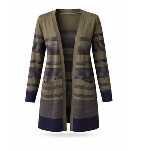 Talbots Open Cardigan Sweater Womens L Olive Navy Striped Pima Cotton Pockets